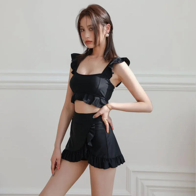 Black nylon women's split swimsuit bikini in briefs style