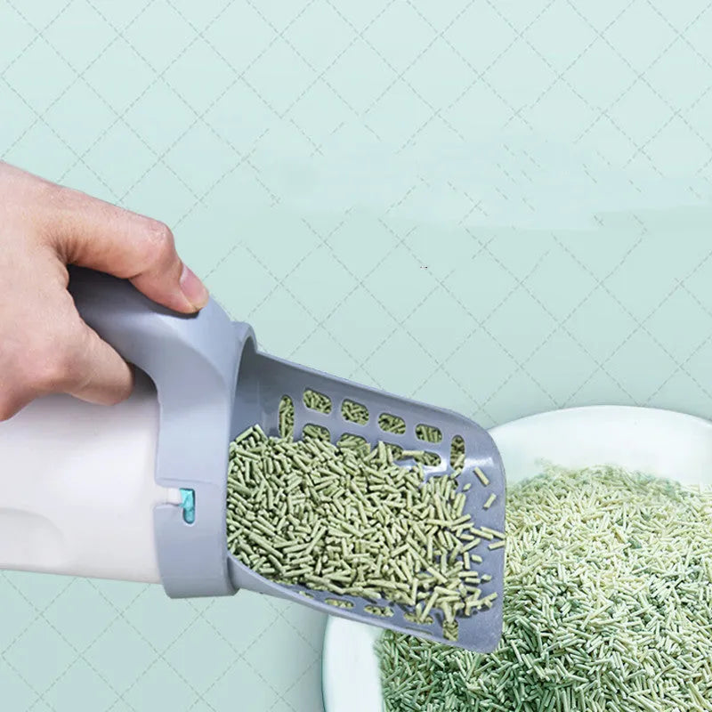 Grey PP cat litter shovel set with integrated storage box, filtering scoop, and 20x12x29cm size.