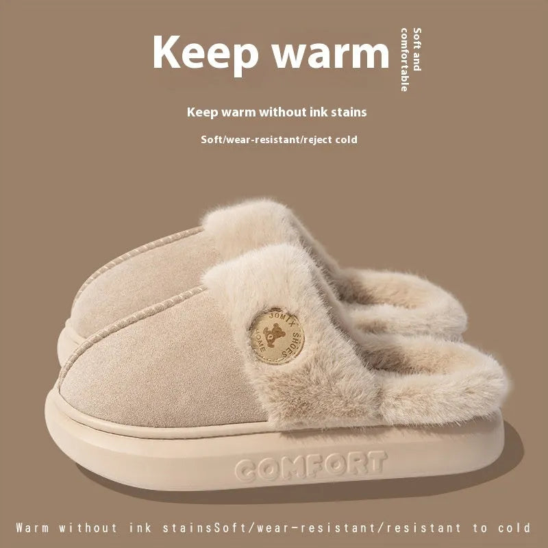 Plush fleece indoor slippers with thick PVC non-slip soles in multiple colours.
