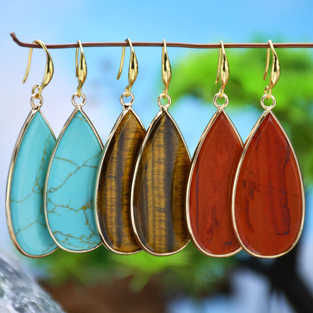 Vintage long water drop earrings in genuine stone materials with handmade processing