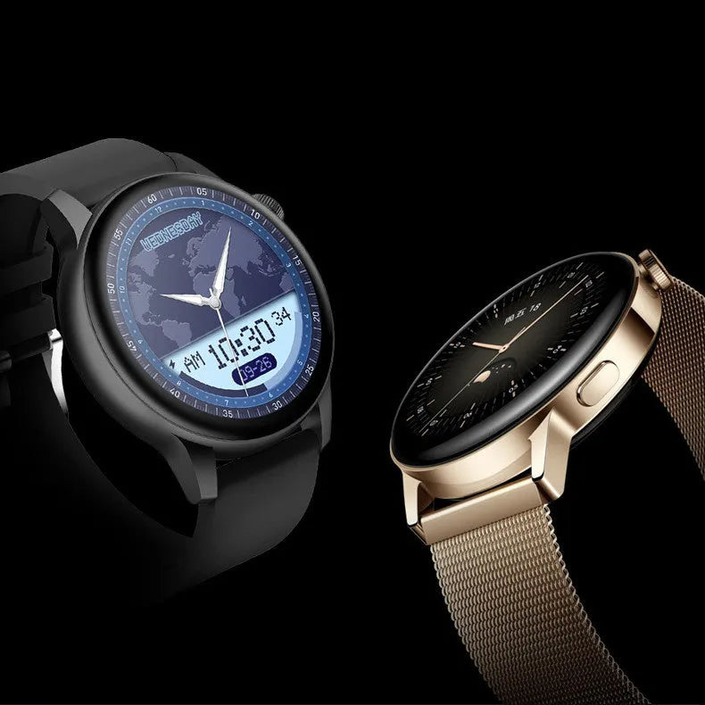 Stainless steel smart watch with a colour touchscreen on a wrist, showing a digital watch face.