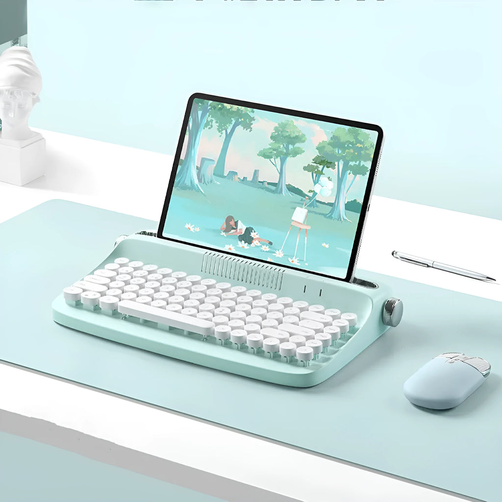 Retro iPad Bluetooth keyboard and mouse set in mint green with blue dual-mode mouse and adjustable bracket