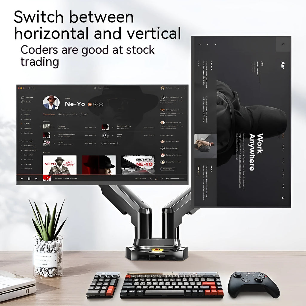 Black dual screen monitor bracket with adjustable height desk clamp for VESA 75-100mm mounting patterns