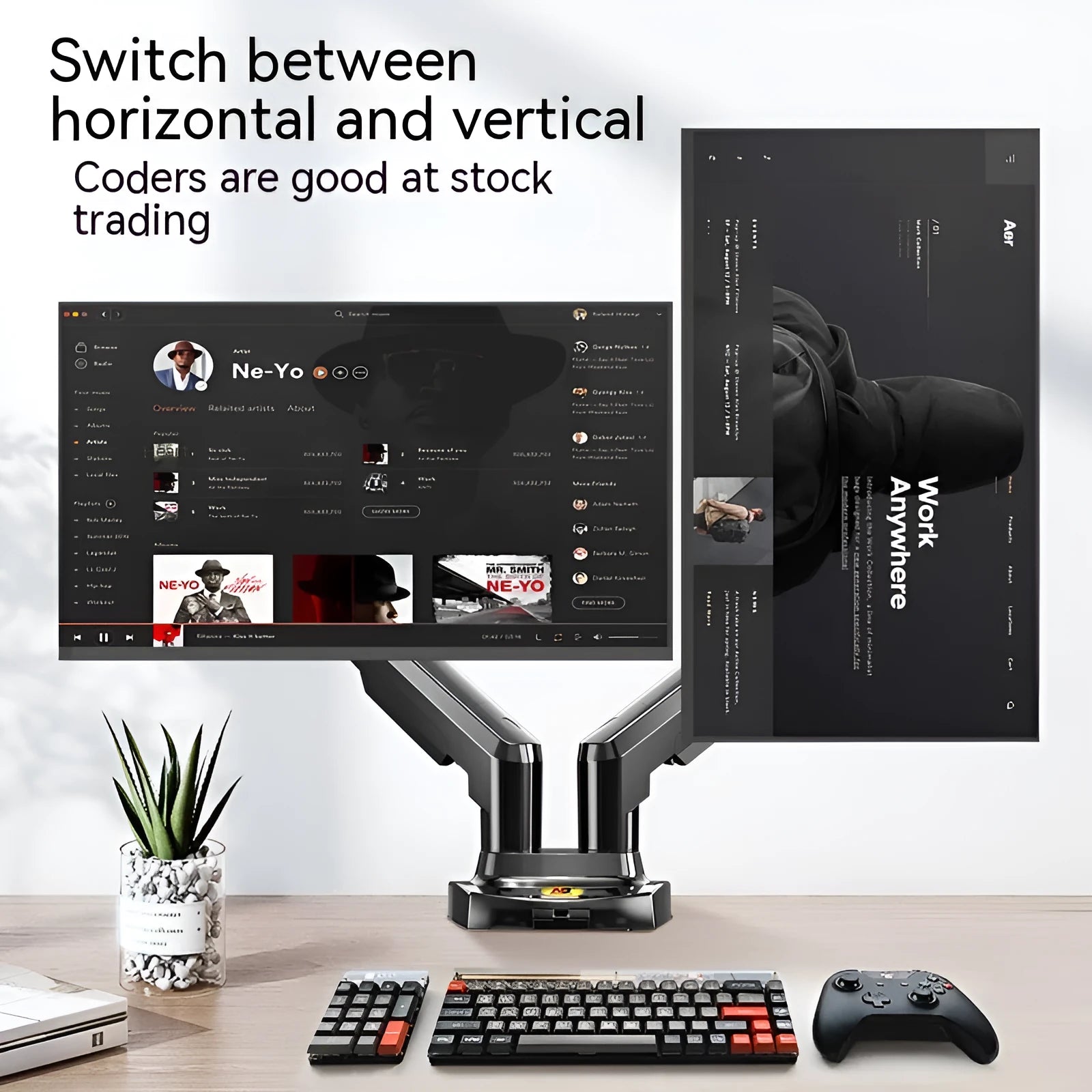 Black dual screen monitor bracket with adjustable height desk clamp for VESA 75-100mm mounting patterns