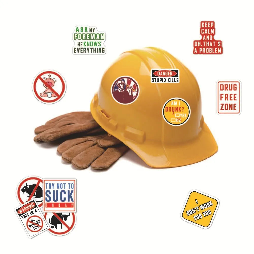 Pack of 50 waterproof PVC helmet stickers with bright film coating and four-colour printing.