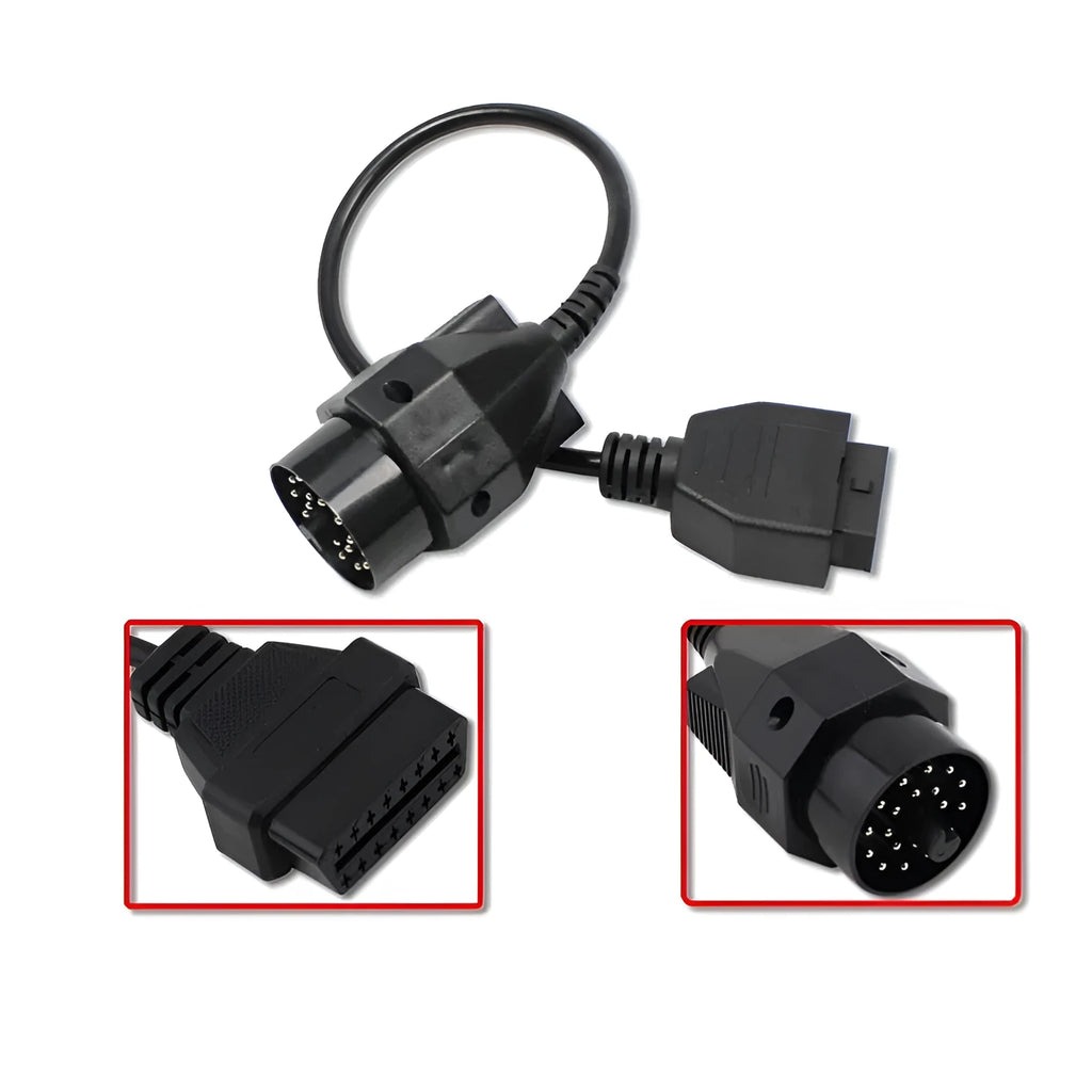 OBD2 adapter cable with black BMW 20-pin male connector and standard 16-pin female OBD2 connector