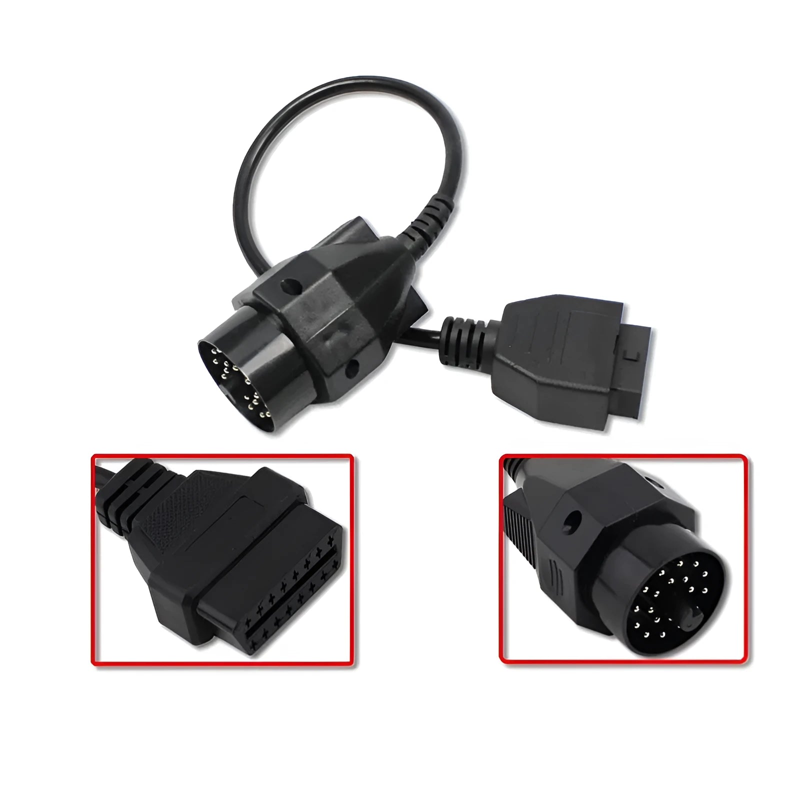 OBD2 adapter cable with black BMW 20-pin male connector and standard 16-pin female OBD2 connector