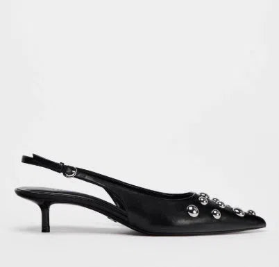Women's black low-cut pointed-toe wedge stiletto heels with rivet decoration and slip-on design