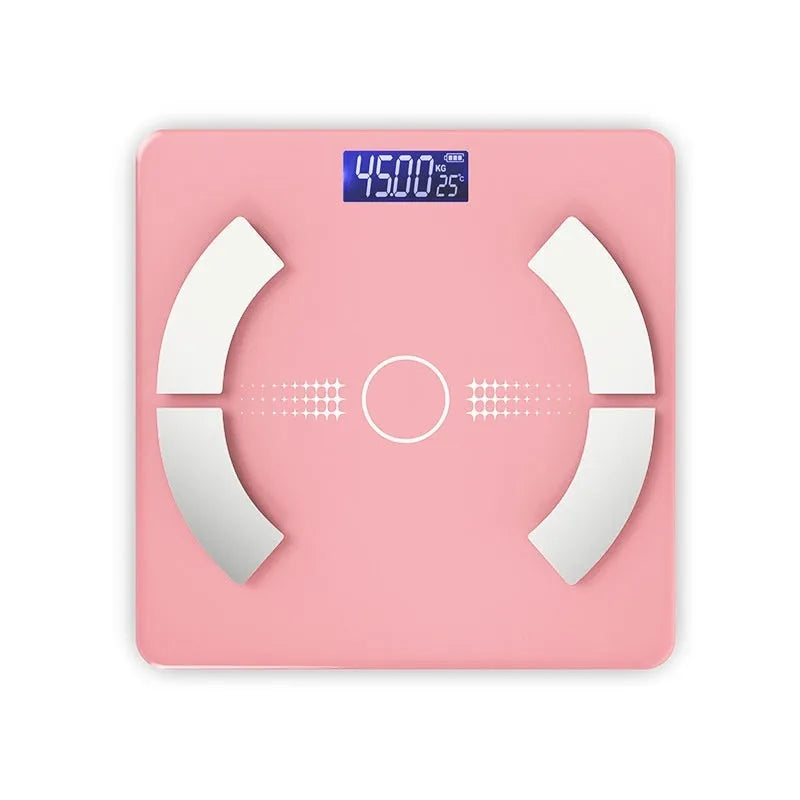 Smart Bluetooth body fat scale in white colour showing digital display with health metrics