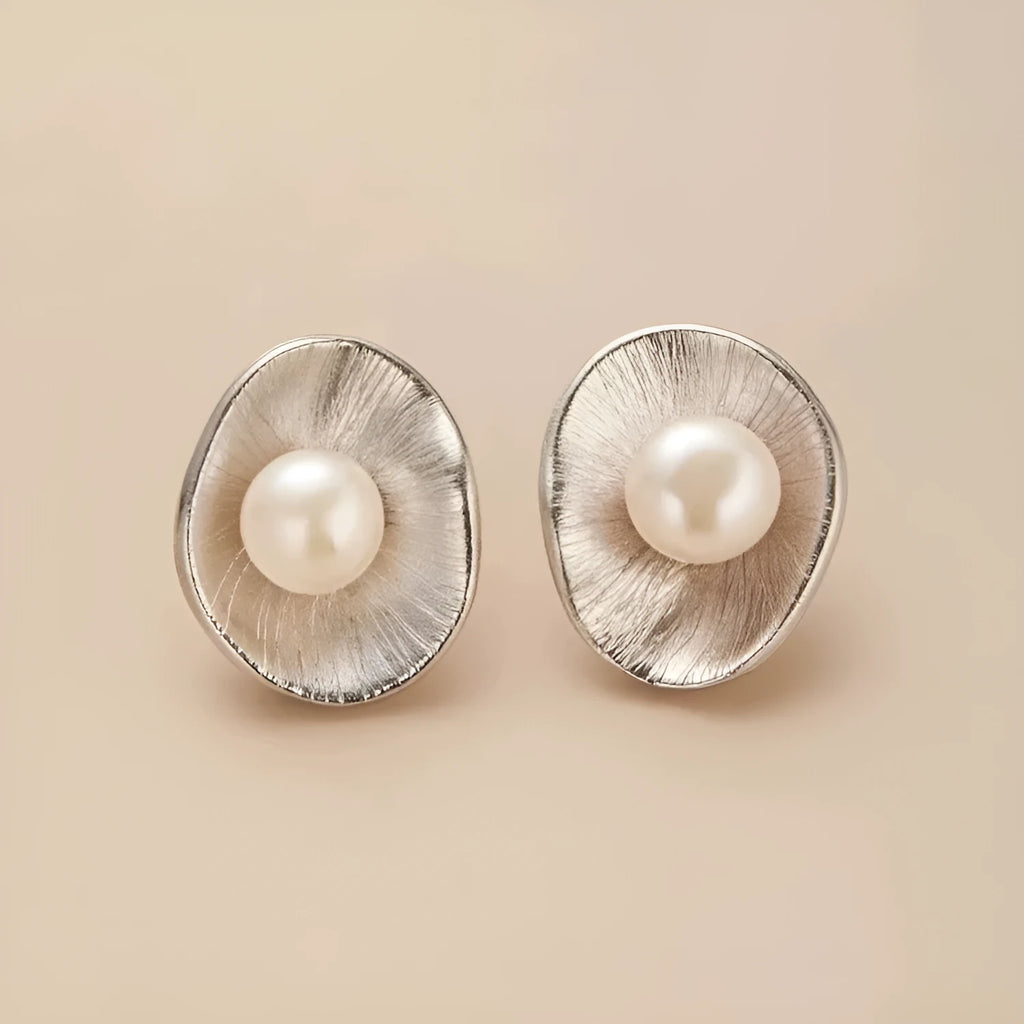 Gold geometric earrings with freshwater pearls on sterling silver posts and butterfly clasps