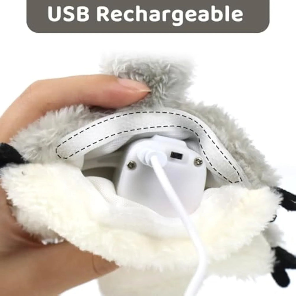 Gray flapping squirrel cat toy with USB charging cable and touch activation for interactive play