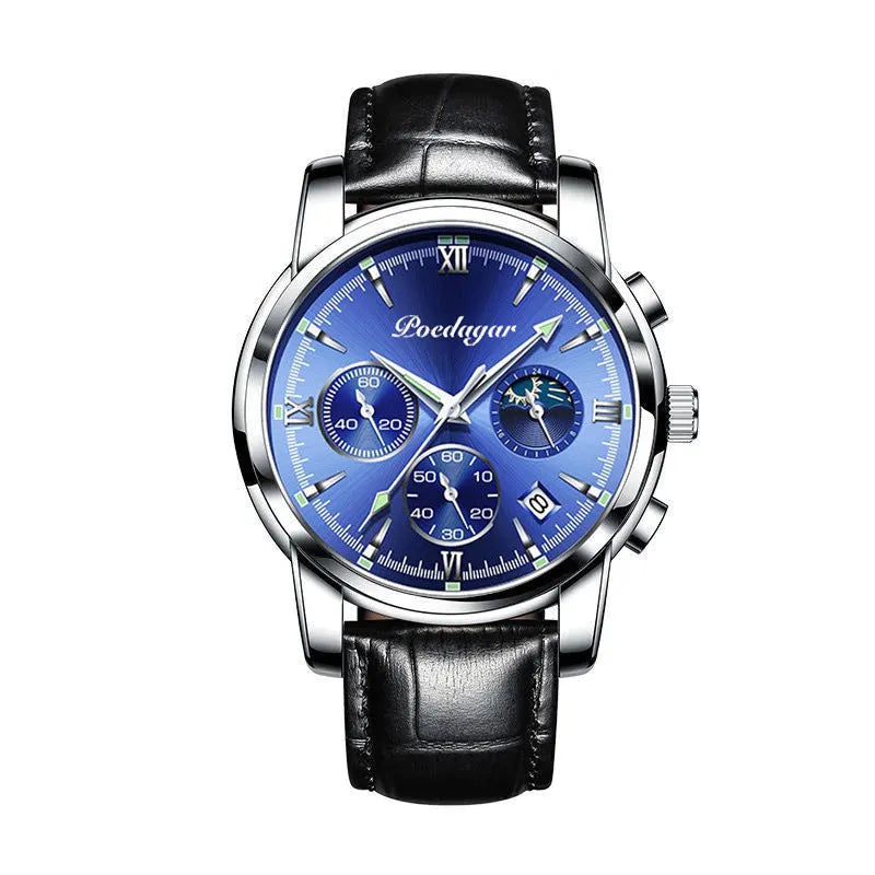 Multifunctional men's luminous waterproof quartz watch with stainless steel belt, silver case, and blue dial, 7mm thickness
