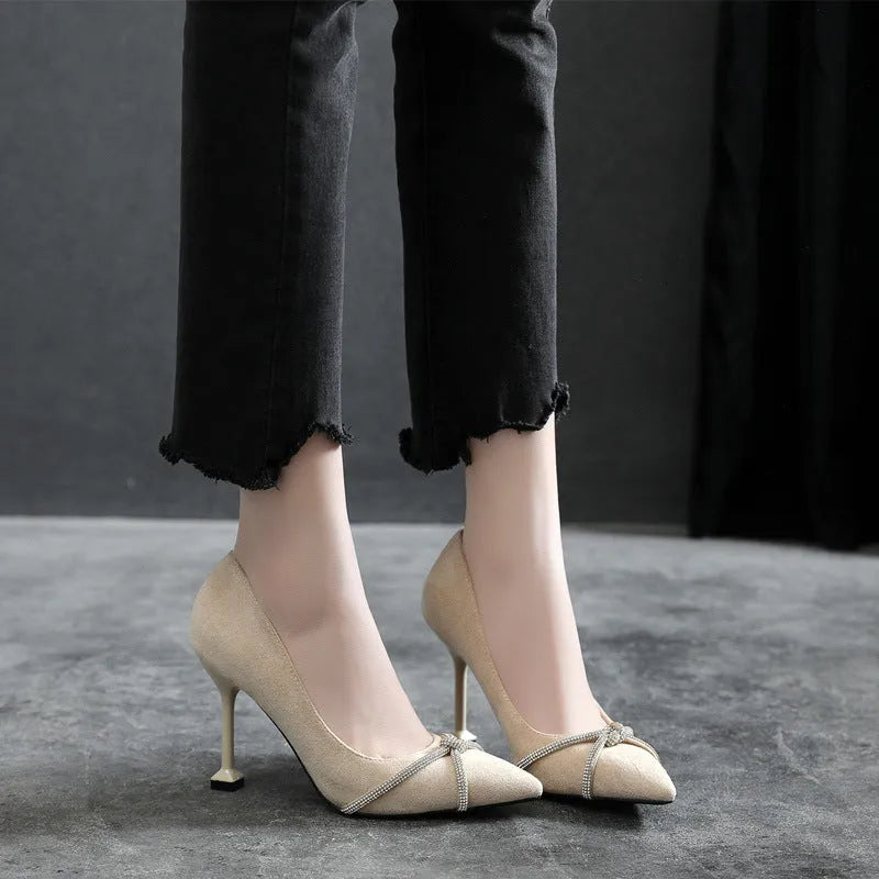 Women's stiletto heels in apricot 7.5cm with pointed toe, suede upper, and rhinestone decoration
