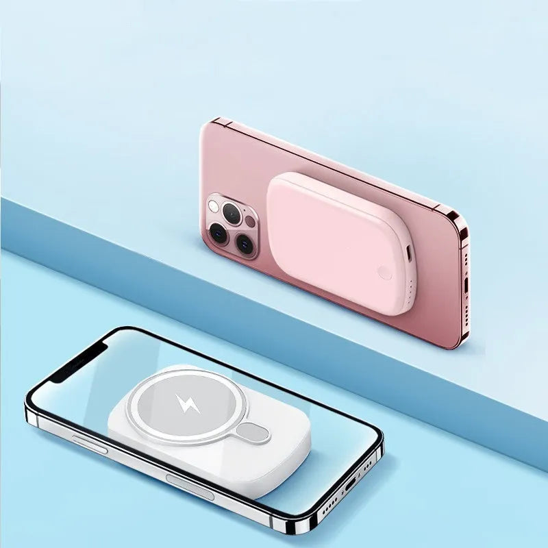 MagSafe magnetic wireless power bank in choice of colours and capacities on a table.