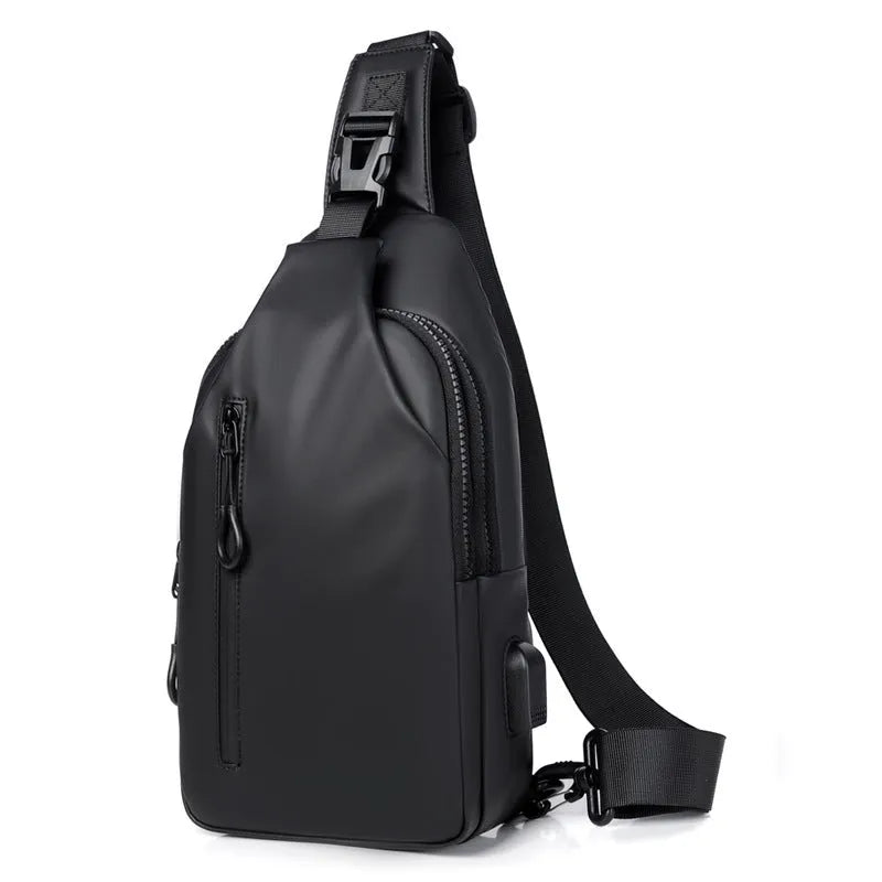 Black sling crossbody backpack for men with zipper and polyester lining, vertical square shape, solid colour design