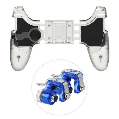 Black plug-in mobile phone gaming handle attached to a smartphone, showing ergonomic grips and physical buttons.