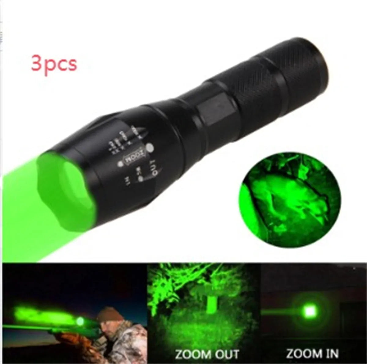Black aluminium alloy zoomable focus LED torch with antiskid grip on a textured surface.