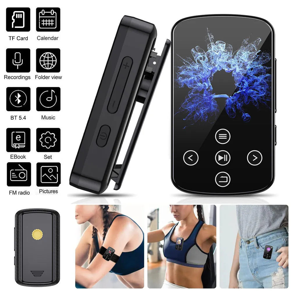 Black Bluetooth music player with 1.5 inch touch screen, buttons, 210 mAh battery, compact 60mm x 35mm x 18mm body