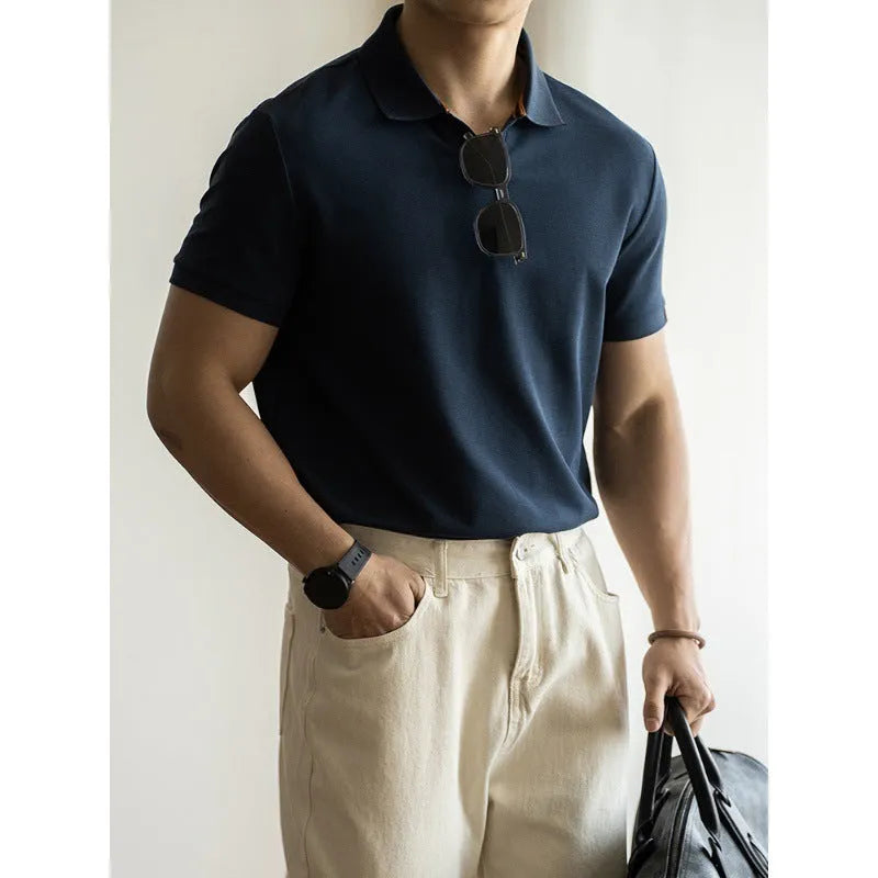 Cotton polyester American-style polo shirt in blue colour with short sleeves and regular fit