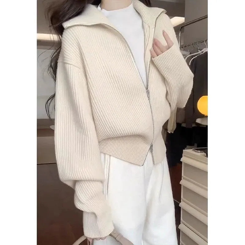Hong Kong style double zipper knitted cardigan with floral pattern in loose fit free size