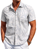 Men's slim fit Hawaiian style short sleeve shirt on a hanger.
