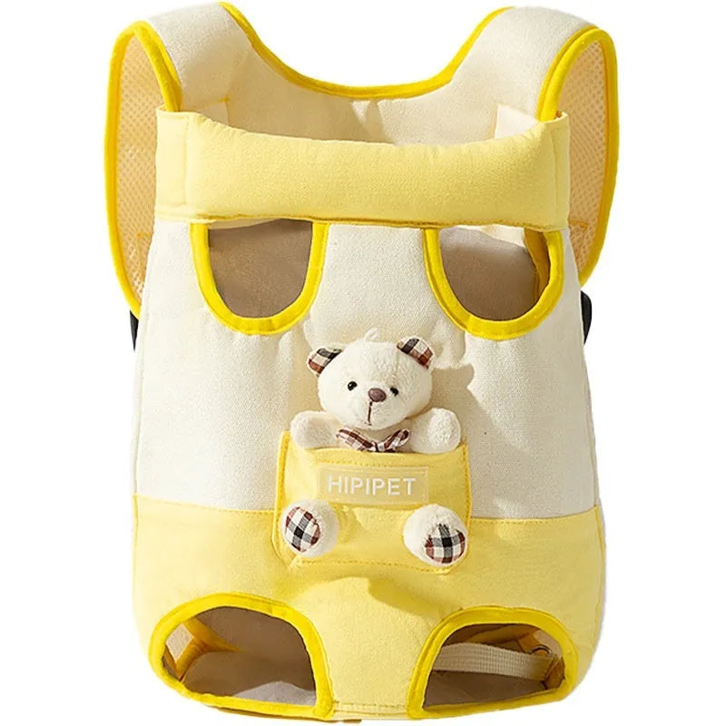 Yellow cartoon bear design soft canvas chest bag for small pets, shown with colourful stitching.