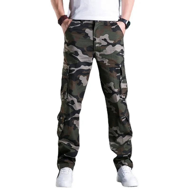 Men's straight leg cotton camouflage pants in army green colour, washed finish, sizes 29-44