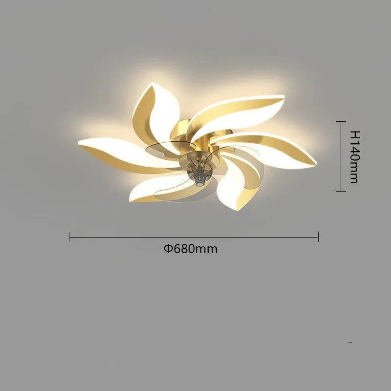 Gold ceiling fan lamp with PVC leaves, 68cm diameter and 4cm height, 72W power