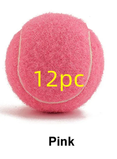 Rubber dog tennis ball toy in bright colours showing 6.3cm diameter size
