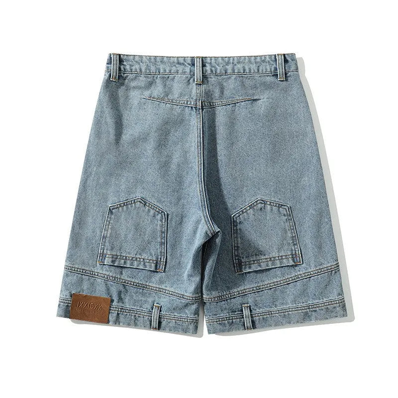 Men's blue loose straight Bermuda denim shorts with mid waist, cotton main fabric, sizes M to 5XL
