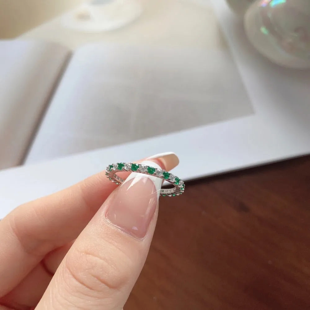 S925 sterling silver emerald zircon ring for women with adjustable open band and geometric round, oval and square grain design