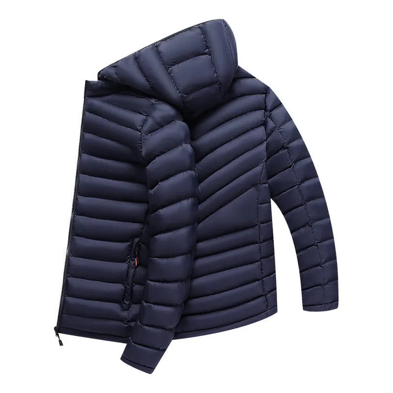Men's army green lightweight down hooded jacket with a detachable collar and zippered pockets.
