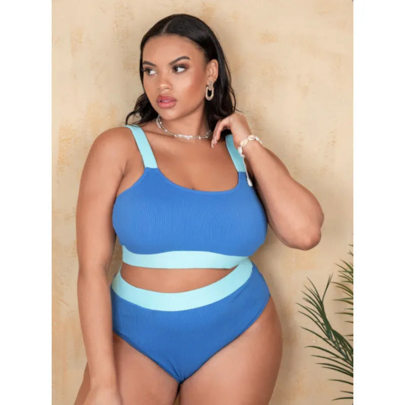 A women's high-waist bikini swimsuit set in a solid colour, made from polyester fabric.