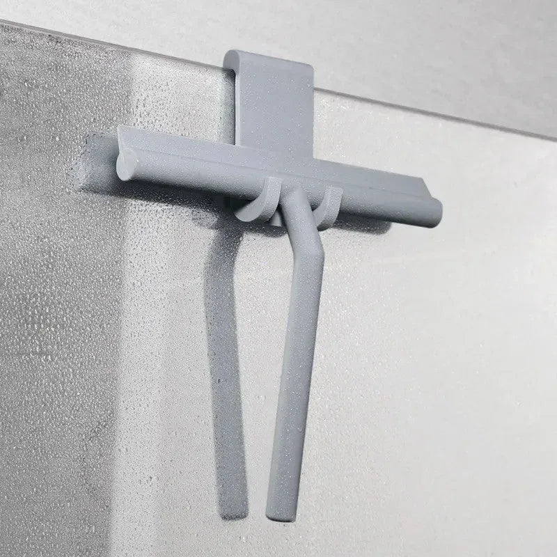 Small silicone water scraper with hook in black for cleaning bathroom tiles and glass