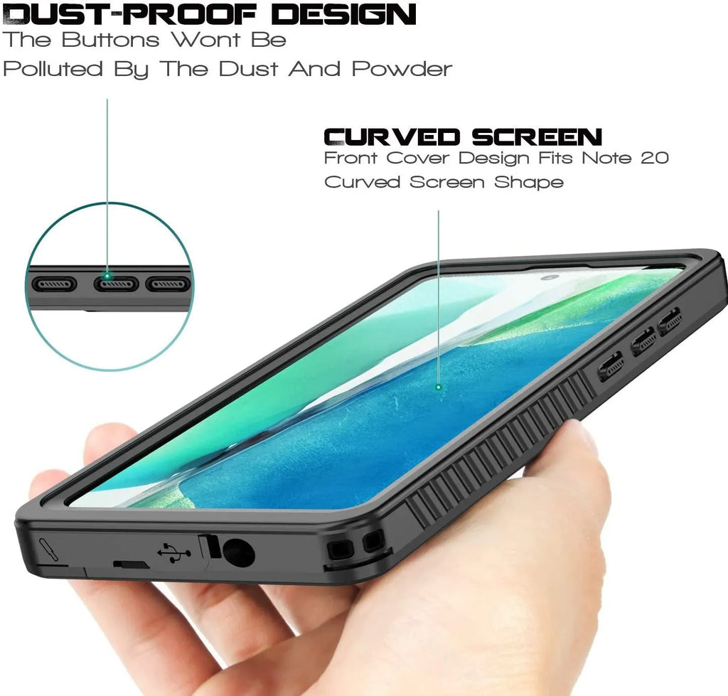 Transparent waterproof Samsung phone case in TPU and PC with all-inclusive drop-resistant shell, shown for Galaxy models.