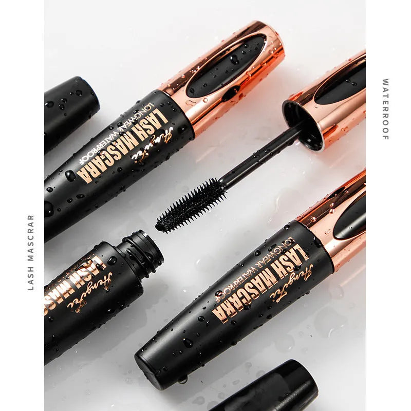 Black waterproof mascara tube with wand applicator for curling lashes and preventing smudging