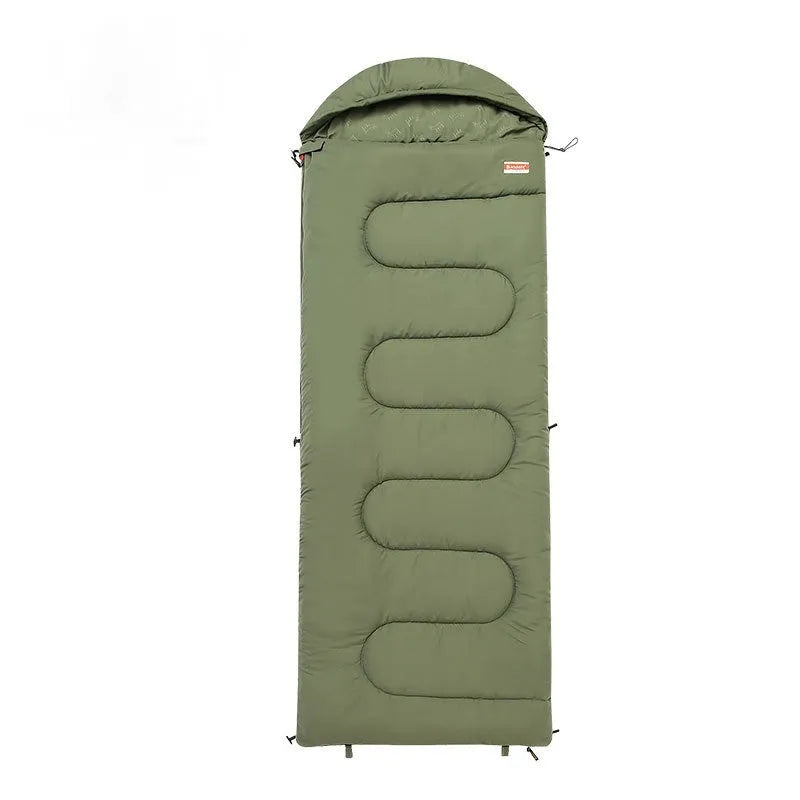 Ochre and olive green ultra-light cotton camping sleeping bag quilt laid out flat.