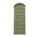 Ochre and olive green ultra-light cotton camping sleeping bag quilt laid out flat.