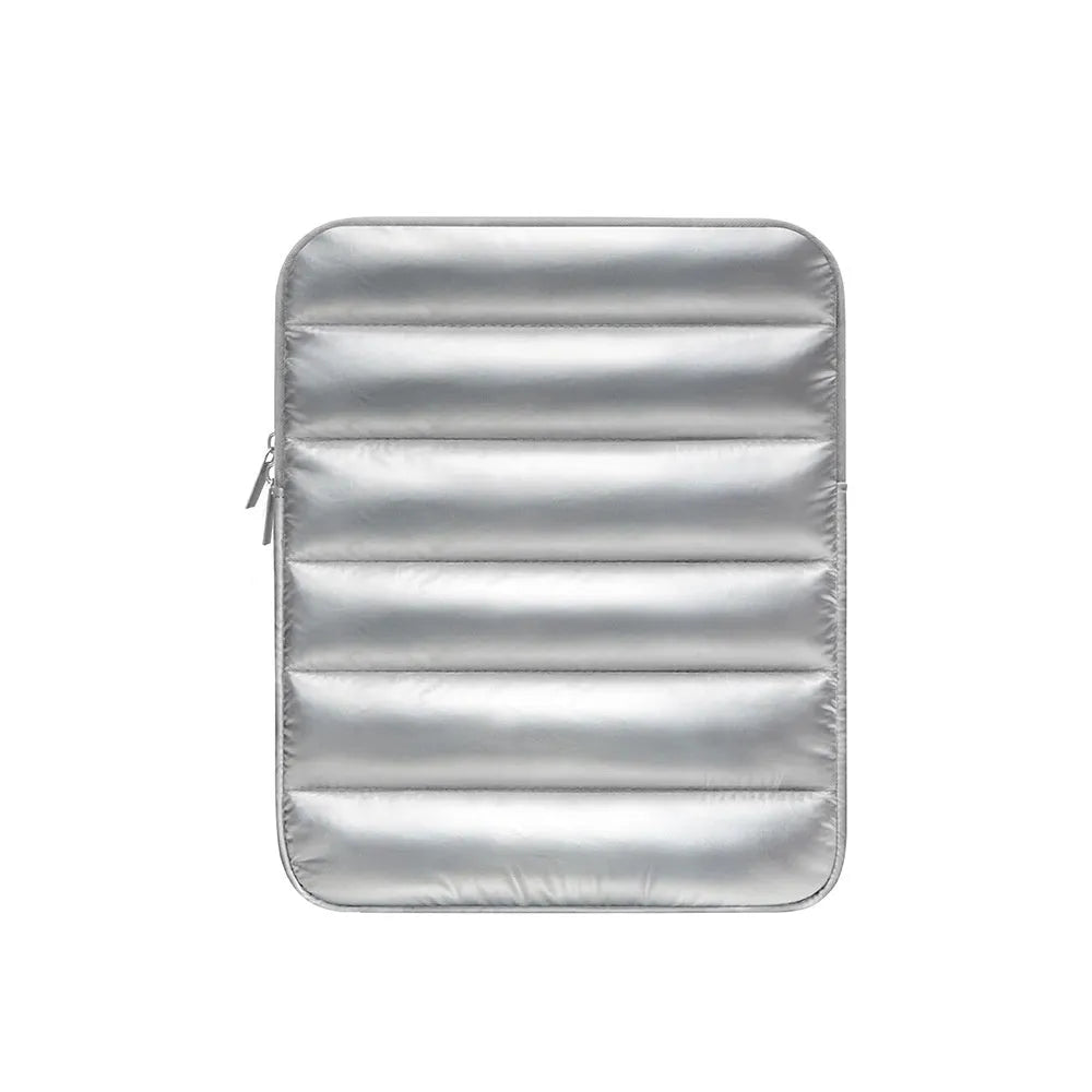 Puff bag laptop sleeve for 9.7-11 inch devices in black, khaki, or silver with elastic sides