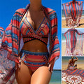 Women's three-piece swimsuit set in pictured colour, showing cutout top, high-waist shorts, and short-sleeved cover-up coat laid flat.