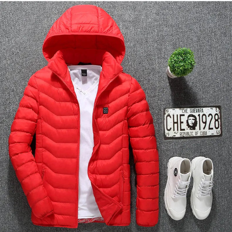 Winter heated jacket with USB carbon fibre heating, removable hood, available in black, blue, and red colours
