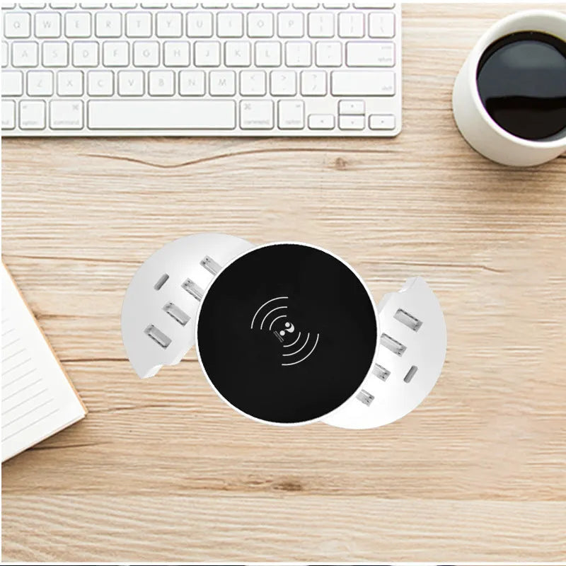 Ceramic white circular wireless charger with USB port and international plug adapters