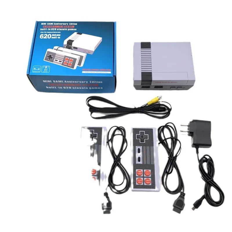 NES 8-bit retro game console with two controllers and AV cable on packaging