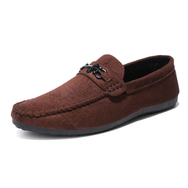 Men's black waterproof slip-on loafers with artificial PU leather upper and rubber sole.