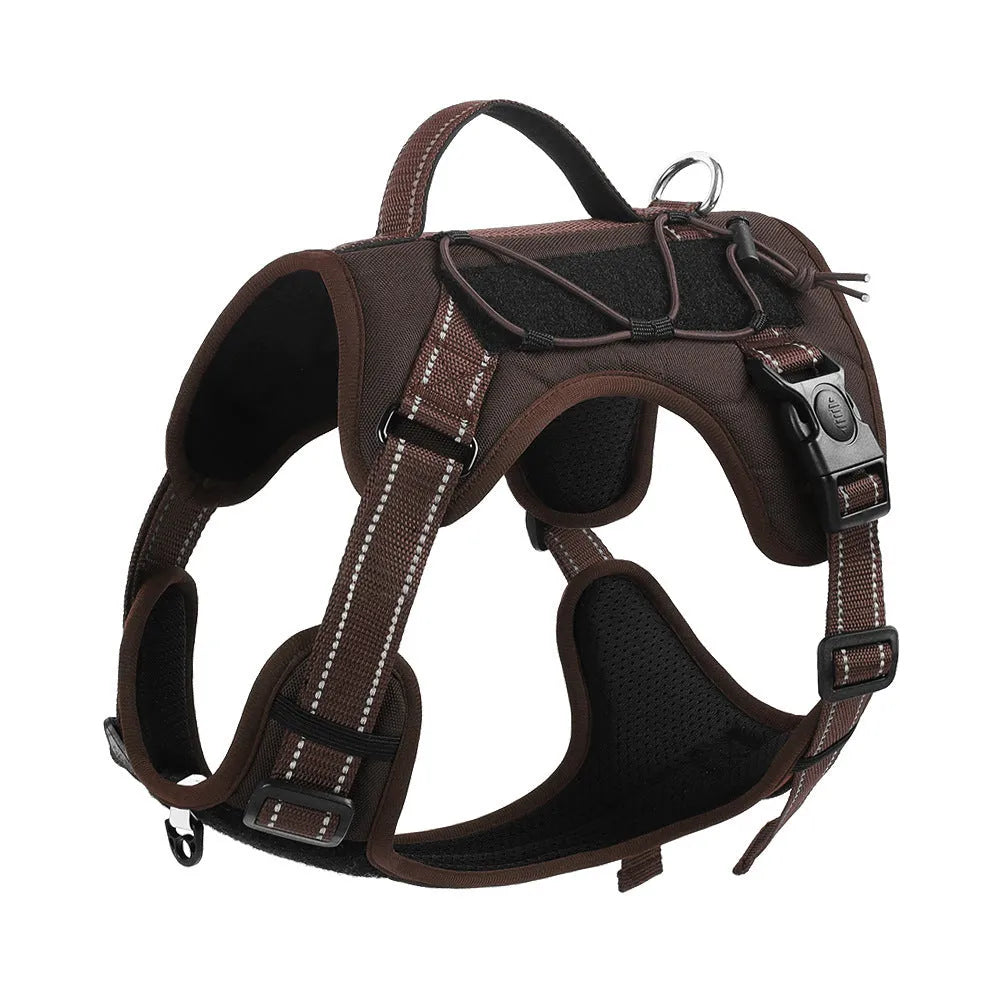 Orange dog harness vest with reflective strips, detachable hand-holding rope, and explosion-proof buckle closure