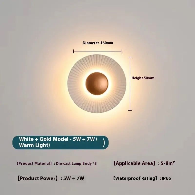 Round aluminium wall lamp with LED lighting in outer white inner gold colour configuration