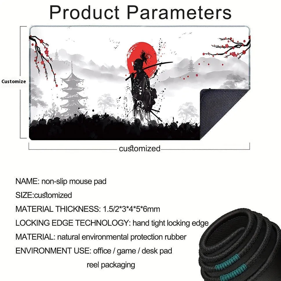 Japanese Samurai themed cloth gaming mouse pad with non-slip base in multiple sizes