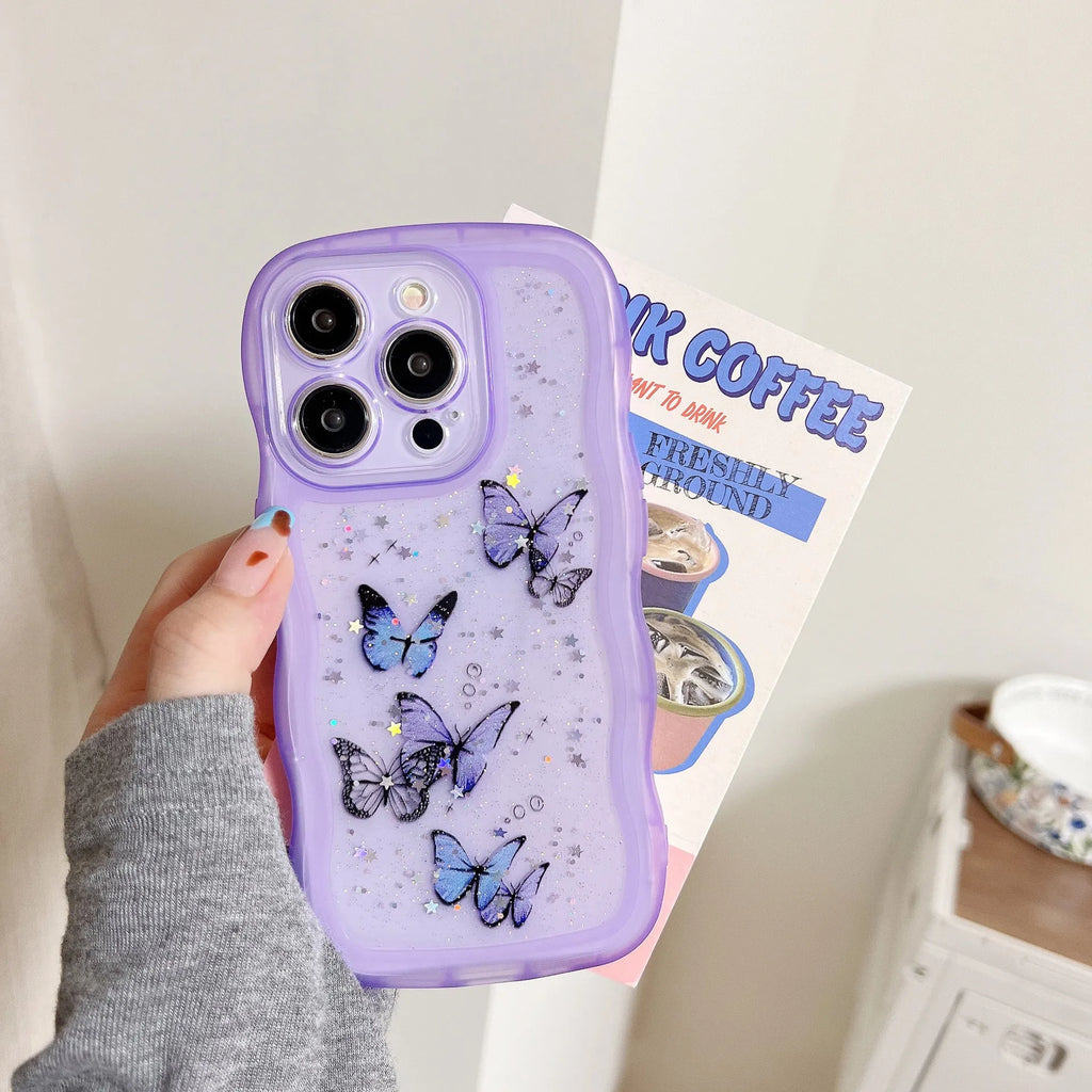 TPU transparent protective phone cover with painted butterfly glitter design and wave pattern for iPhone models
