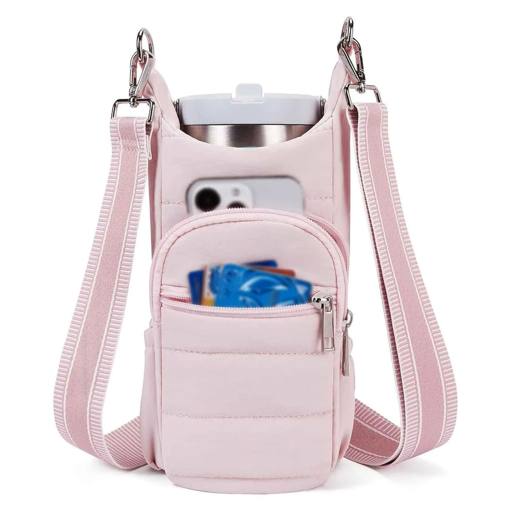 Fabric water bottle kettle bag mounted on bicycle frame in beige colour