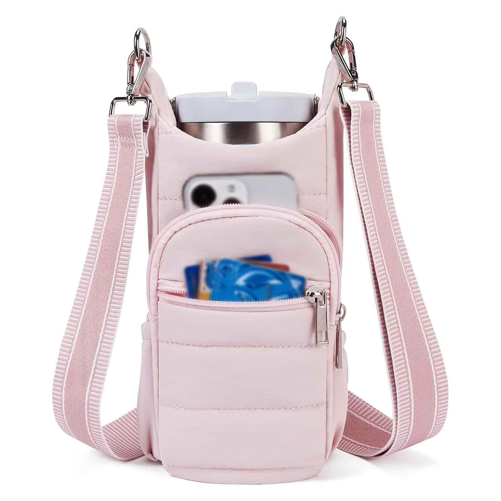 Fabric water bottle kettle bag mounted on bicycle frame in beige colour
